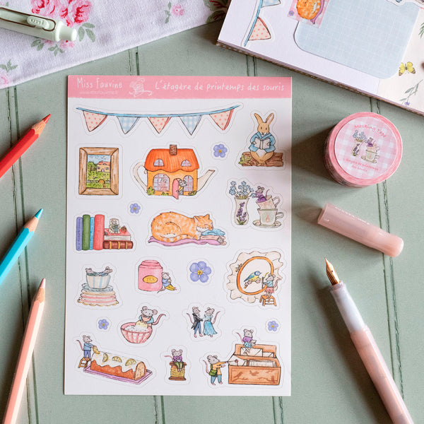 Planche de stickers "L'étagère de printemps des souris", Format A5