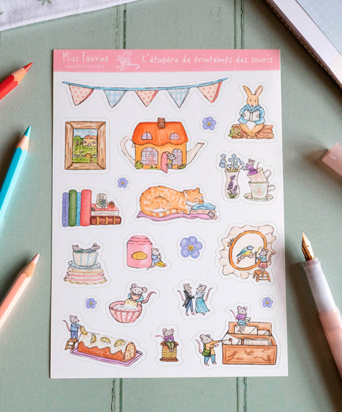Planche de stickers "L'étagère de printemps des souris", Format A5