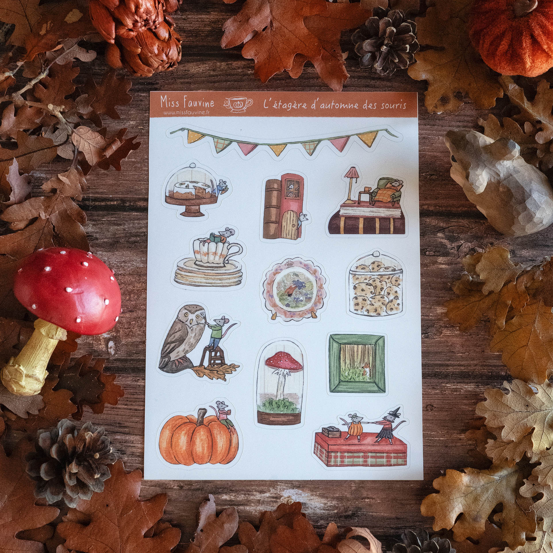 Planche de stickers "L'étagère d'automne des souris", Format A5 - papeterie