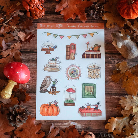 Planche de stickers "L'étagère d'automne des souris", Format A5 - papeterie
