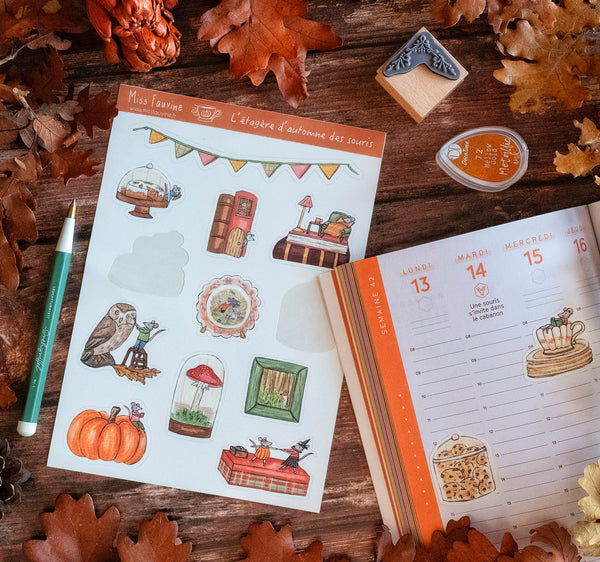 Planche de stickers "L'étagère d'automne des souris", Format A5 - papeterie